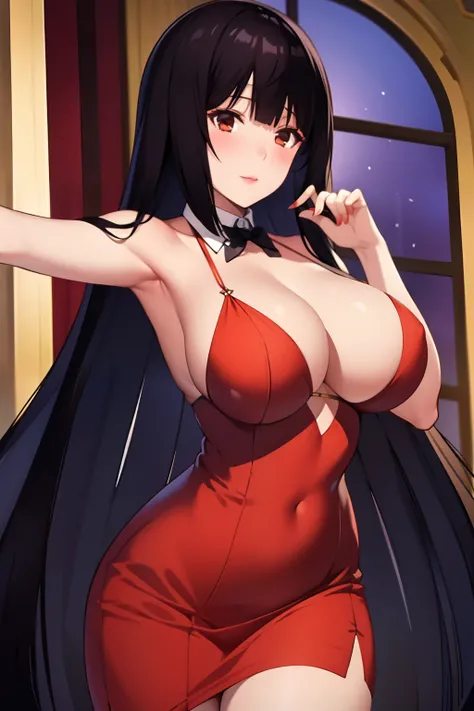 masterpiece, best quality, 1girl, solo, jabami yumeko, black hair, long hair, blunt bangs, red dress, night,