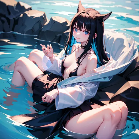 Hot springs in Japans unexplored areas、He wears a large black witch hat with sapphire accessories、White medium shorthair with blue-purple mesh、Looking at me with a smile、Blue eyes with highlights、27-year-old woman with small breasts、Black long coat、White c...