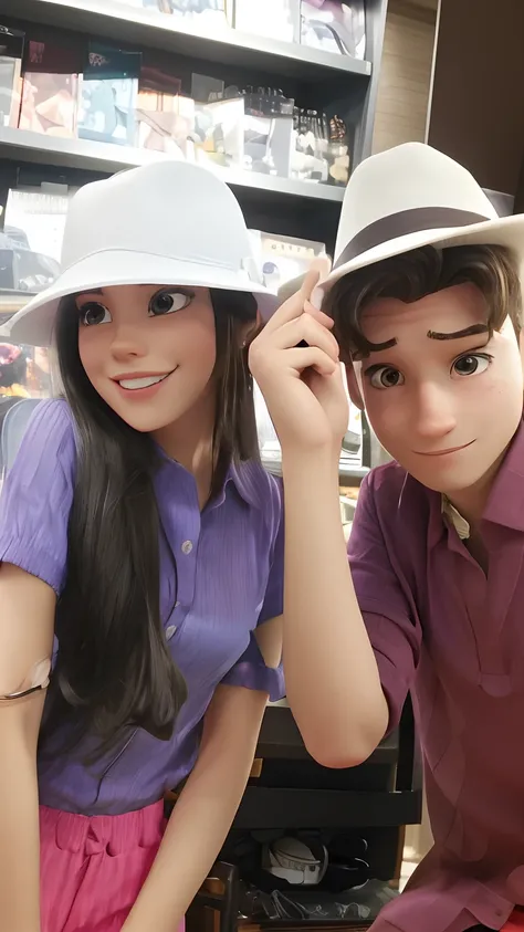 Casal jovem posando par auma foto divertida, The woman wears purple blouse and pink pants. O homem usa camisa social vermelha escura. They both wear white hats. Do your best to make the image come out with bug-free faces and hands.