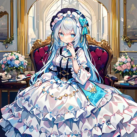 A girl in a room with colorful fabrics, a large quilted stuffed animal and a dress decorated with frills and ribbons. She has a pretty face and shining eyes of bright colors. A gothic dress with a lovely atmosphere. A room decorated with colorful fabrics. ...