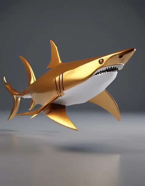 A hammer head shark made of paper origomi, hammered metal atyle, cinematic light, golden particles, shallow depth of field, dark theme