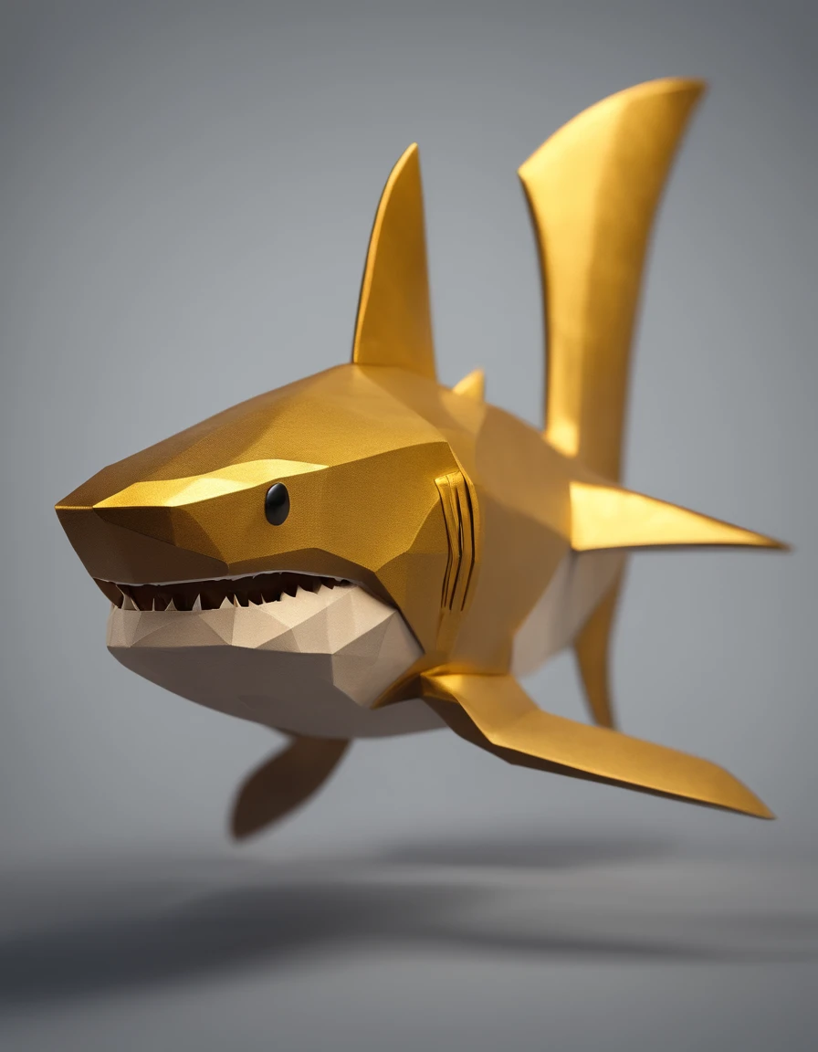 A hammer head shark made of paper origomi, hammered metal atyle, cinematic light, golden particles, shallow depth of field, dark theme