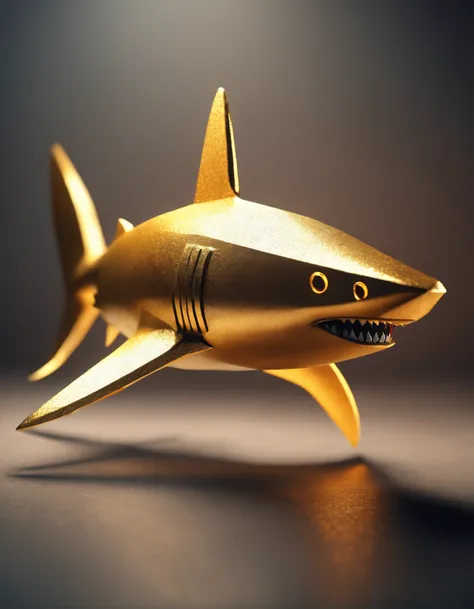 A hammer head shark made of paper origomi, hammered metal atyle, cinematic light, golden particles, shallow depth of field, dark theme