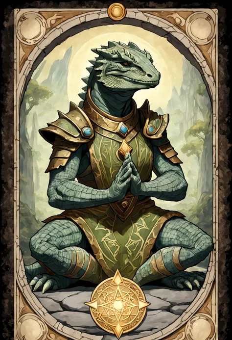 Argonian Medallion Stone, an Argonian in prayer, In Tarot Card Art Style, best quality, masterpiece