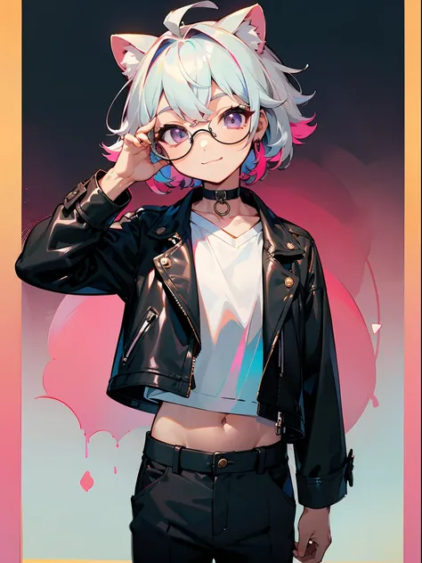 (Male child, eye glasses,A smile, silber hair)、独奏、jaket、Black jacket、Iridescent background、a choker、razor、Leather jacket、O cabelo multicolorido、cowboy  shot、Color Inner Hair、bangss、White shirt、Fluffy clothes、Two-tone、Viewers Perspective、is standing、a close...