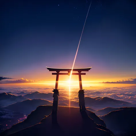 Close-up of a person standing in front of a sunset, Beautiful Anime Peace Scenes, Inspired by Kiyomoto Torii, anime backgrounds, Makoto Shinkai Siriro Roland, supervision: Kiyomoto Torii, cosmic sky. By Shinkai Makoto, center torii gate, beautiful anime sc...