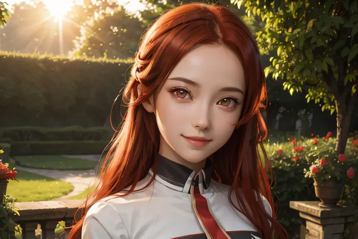 (masterpiece:1.2), best quality, expressive eyes, perfect face, tiese, red eyes, red hair, smiling, posing lovely, garden, sunset, lens flares