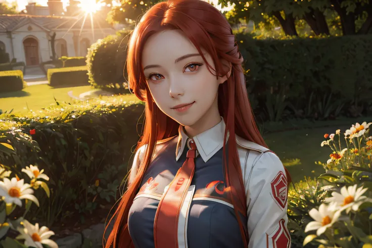 (masterpiece:1.2), best quality, expressive eyes, perfect face, tiese, red eyes, red hair, smiling, posing lovely, garden, sunset, lens flares