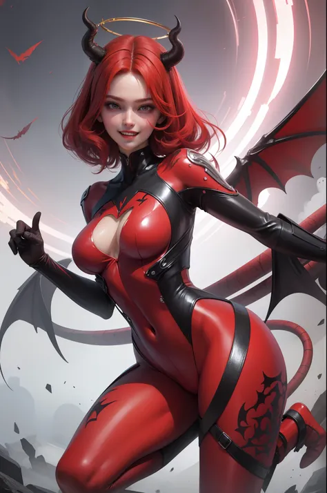 ((extreme detail)),(ultra-detailed),(painting), chiaroscuro, extremely detailed CG unity 8k wallpaper, best quality, red bodysuit, red halo, (red skin), horns, shedevil, succubus, evil smile, smiling, red bat wings, red devil tail, fangs,