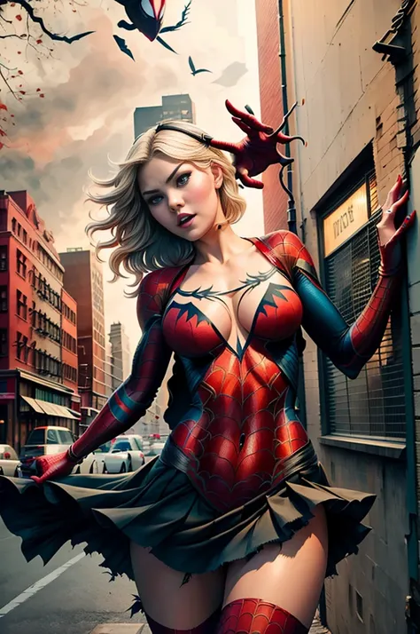 Elisha Cuthbert、Sticking out the navel、newyork、She wears a torn Spider-Man suit,wearing skirt、 Red and black color scheme,Dynamic、​masterpiece、top-quality、ultra-detailliert、ighly detailed、beautiful detailed brilliance、超A high resolution