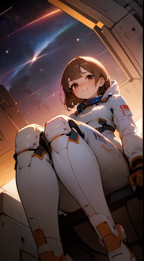 Best quality, masterpiece, 16K, high resolution, concept-art, (from below:2.0), Lo angle shot, 3 girls in, (sitting), blush, Brown eyes, brown bob hair, (space suit : 1.4), plump breast, smile, Looking at viewer, sunset ,