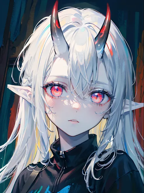 (masterpiece,best quality,ultra-detailed),1girl, black and dark blue hair,beautiful and detailed face, detailed eyes,looking at viewer, multicolored eyes,((grey theme),pale skin,oni horns, pointy ears,glowing eyes,((night)),dark ambient, (((Fresco,Fresh Pa...