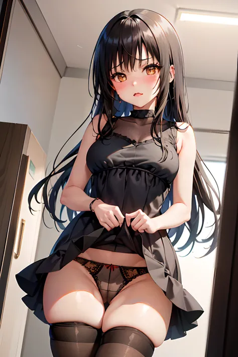 Best Quality, masutepiece, Portrait, , 1girl in, Kotegawa Yui, Black hair, Long hair, Long bangs, Brown eyes, medium udder, ((chies)), Looking at Viewer, embarassed expression,Photo from below、((Knitted dresses))、((pantyhose))、((Show panties))、((a miniskir...