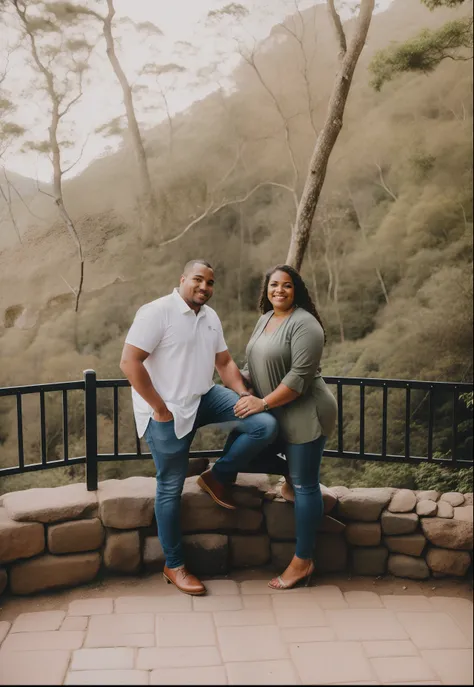 um casal ao lado do outro em um muro de pedra, retrato de casais, photo shoot, full body photogenic shot, retrato de casal, em frente a um fundo de floresta, outdoors business portrait, foto de uma bela, in a scenic background, Retrato de duas pessoas,