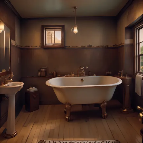 old style bathroom cinematic view, detailed, focus of the sink and the faucet, oil painting