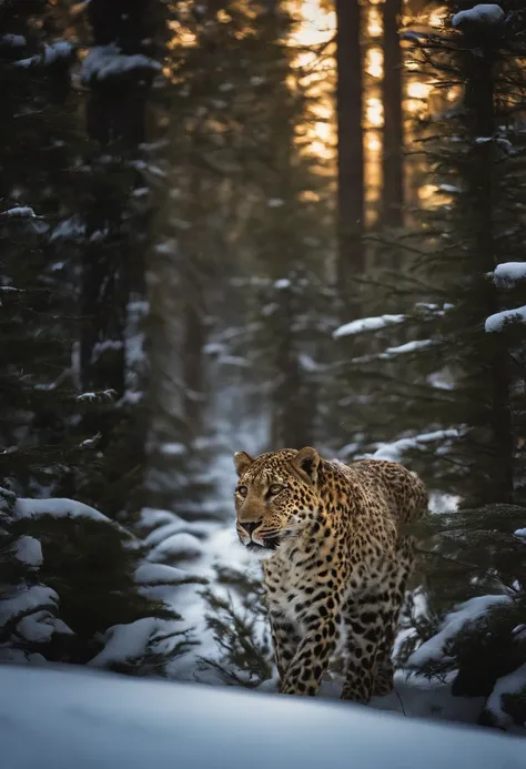 Scientific Research Journal Posters, Proteger a ecologia da Terra, Montanhas brancas cobertas de neve, Vistas para a natureza, Um pequeno leopardo da neve bonito brinca na neve, flocos de neve caindo, Blue open sky, atmosphric perspective, mystic forest, u...