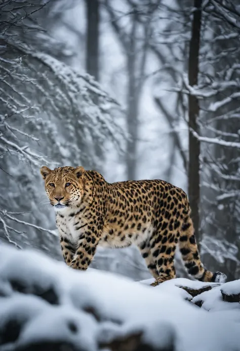 Scientific Research Journal Posters, Proteger a ecologia da Terra, Montanhas brancas cobertas de neve, Vistas para a natureza, Um pequeno leopardo da neve bonito brinca na neve, flocos de neve caindo, Blue open sky, atmosphric perspective, mystic forest, u...