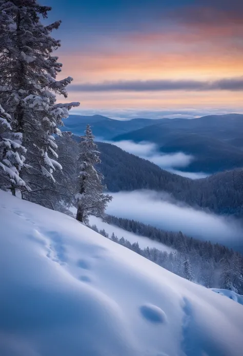 Scientific Research Journal Posters, Proteger a ecologia da Terra, Montanhas brancas cobertas de neve, Vistas para a natureza, Um pequeno leopardo da neve bonito brinca na neve, flocos de neve caindo, Blue open sky, atmosphric perspective, mystic forest, u...