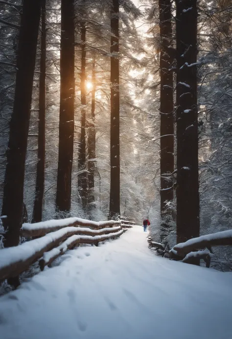 Scientific Research Journal Posters, Proteger a ecologia da Terra, Montanhas brancas cobertas de neve, Vistas para a natureza, Um pequeno leopardo branco bonito brinca na neve, flocos de neve caindo, Blue open sky, atmosphric perspective, mystic forest, ul...