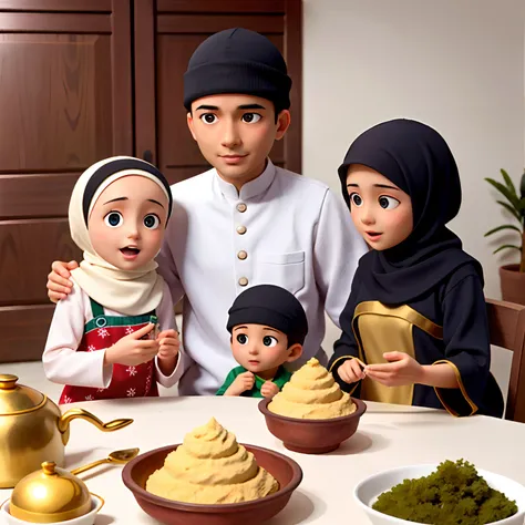 Muslim family, Indonesia, consisting of father, mother, 13 year old sister, and 5 year old brother, real, in the house