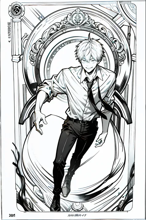 masterpiece, high quality, best quality, ultra detailed, 1boy, solo, denji, smirk, long sleeve shirt, black pants, black necktie, high resolution, ultra detailed, realistic shadow, bright eyes, dark environment, lineart, monochrome