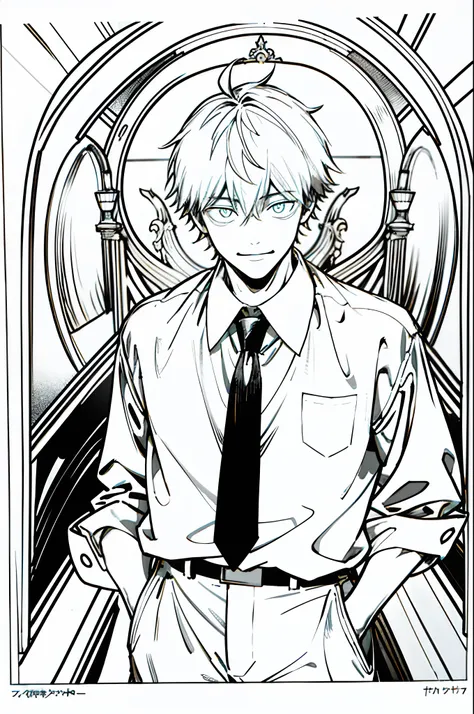 masterpiece, high quality, best quality, ultra detailed, 1boy, solo, denji, smirk, long sleeve shirt, black pants, black necktie...