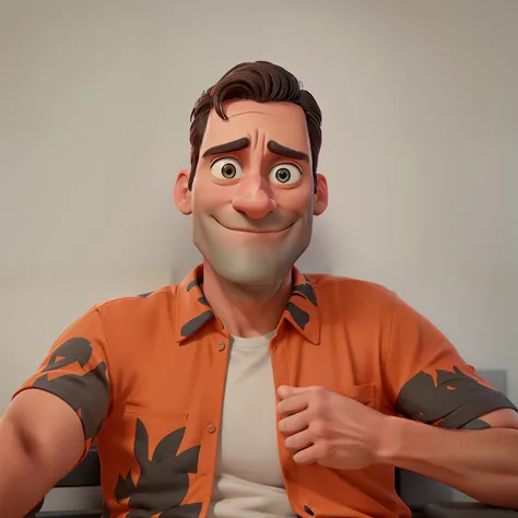 Jon Hamm, Cartoons in orange shirt and black pants, arms crossed, olhando para frente e sorrindo com os dentes aparecendo;