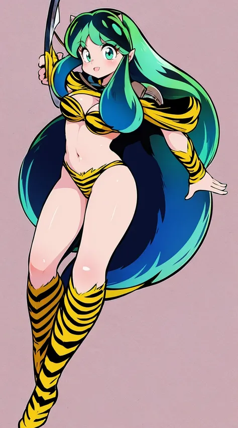 lum, , superhero costume, urusei yatsura, cloak, pants, pullover, lance holding, weapon holding