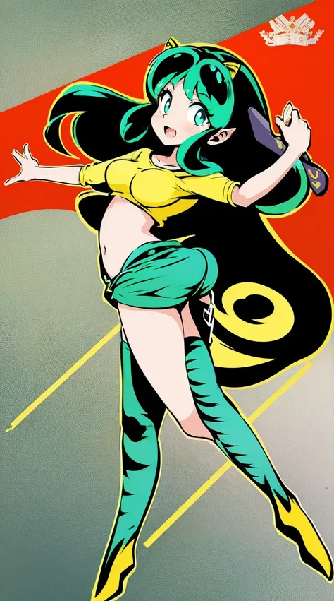 lum, , superhero costume, urusei yatsura, cloak, pants, pullover, lance holding, weapon holding