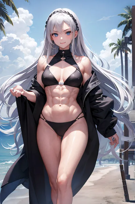 masterpiece, highest quality, silver hair, middle hair, black bikini, beach, (abs:1.6), (muscular:1.4), smile, underarm, blue eyes, 18 years , small breasts