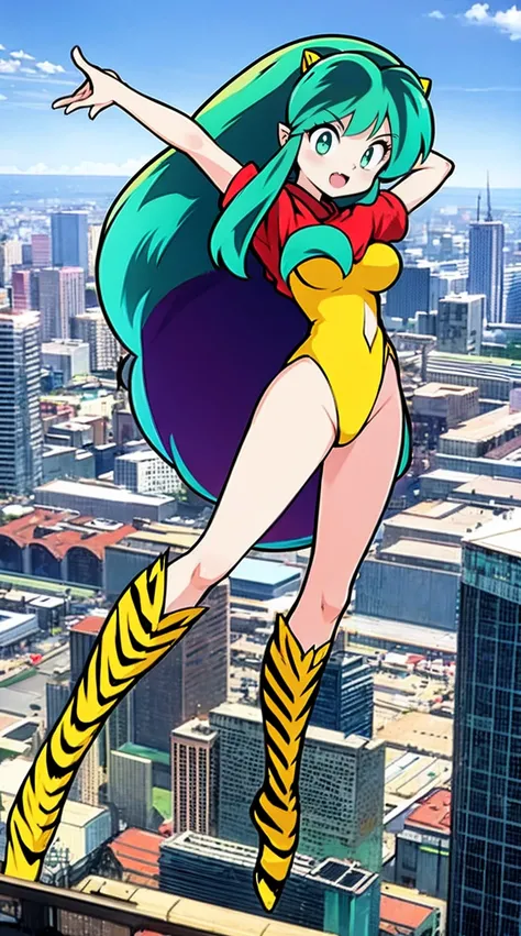 lum, , superhero costume, urusei yatsura, cloak, pants, pullover, lance holding, weapon holding, standing, sharpteeth, city background