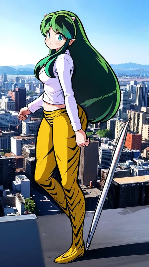 lum, , superhero costume, urusei yatsura, cloak, pants, pullover, lance holding, weapon holding, standing, sharpteeth, city background