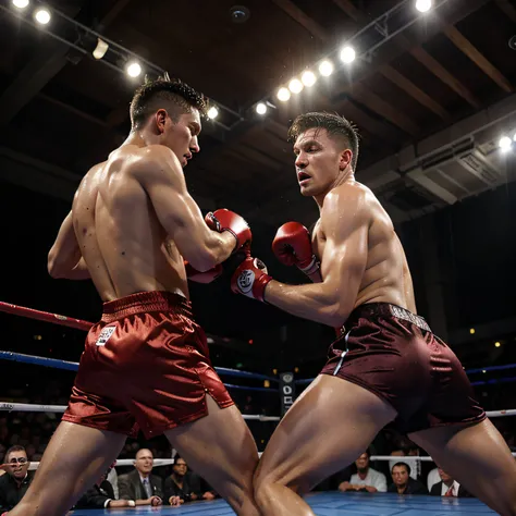 Two men in satin boxing trunks fighting in the rain