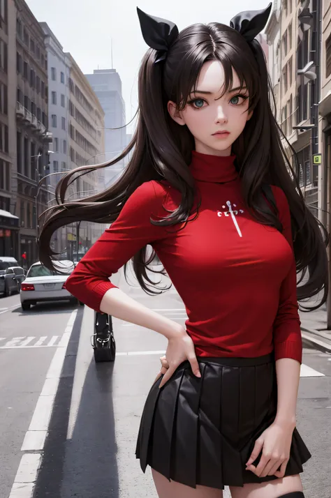 (masterpiece), best quality, expressive eyes, perfect face, 1girl, solo, rintohsaka, rin tohsaka, aqua eyes, black hair, hair ri...