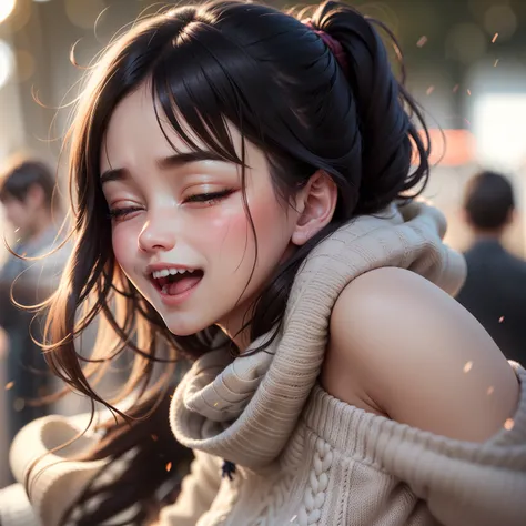 girl with、Cozy backless sweater、The upper part of the body、(Huge laughter:1.1)、(Opening Mouth:1.1)、(widely opened eyes:1.2)、Sun glare、bokeh dof、depth of fields、blurry backround、Particles of light、heavy wind、(Heart particles:1.1)