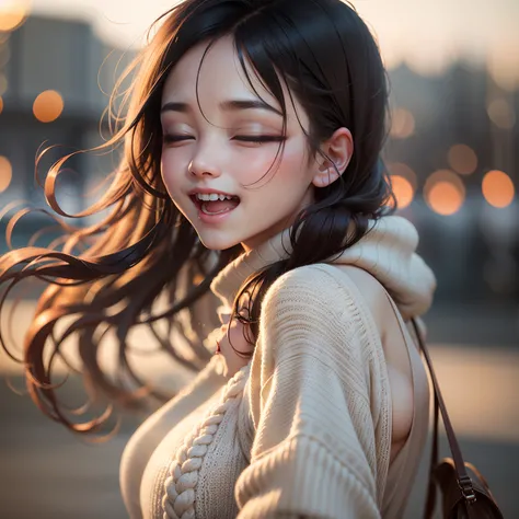 girl with、Cozy backless sweater、The upper part of the body、(Huge laughter:1.1)、(Opening Mouth:1.1)、(widely opened eyes:1.2)、Sun glare、bokeh dof、depth of fields、blurry backround、Particles of light、heavy wind、(Heart particles:1.1)