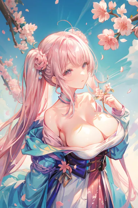 1个Giant Breast Girl，blossoms，petals