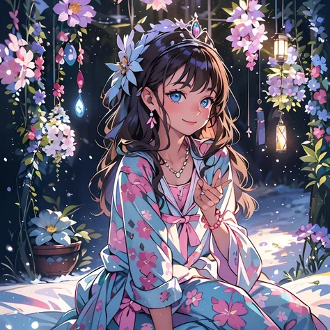 solo, happiness, joyful, Ultra-detailed, Photorealistic, vibrant colors, snowfield, snow, (lonesome cold (winter night) background), darkness, pines, bed, curtains, falling snowflakes, cute 1girl princess, very mean, (evil smile), ((flat chest)), skinny, v...