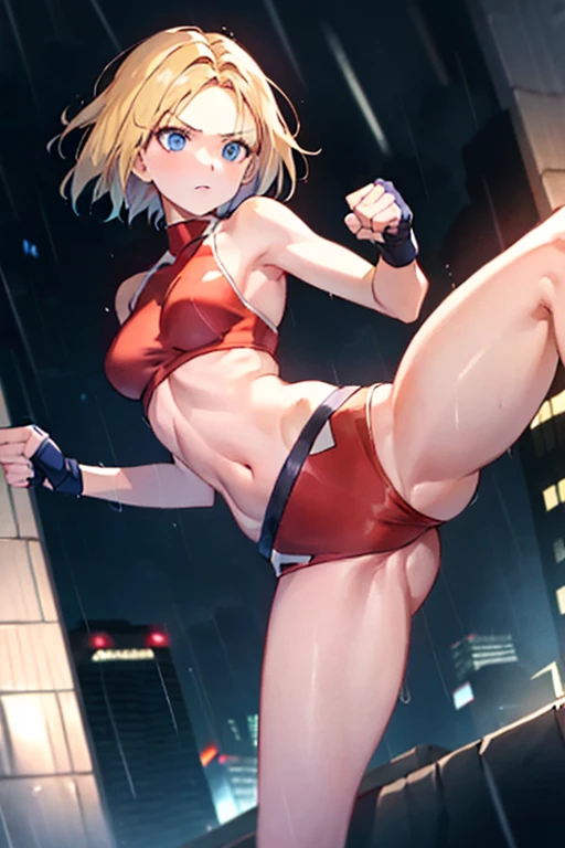 maryms, Best Quality, (beauty), masterpiece, 1 girl, physically based rendering, ultra high resolution, narrow waist, skinny, big eyes, long legs, (small breasts), puffy eyes, night, (rainy city) , shiny skin, facing viewer, fighting stance, (clench fist),...