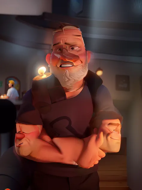 Poster no estilo Disney pixar, alta qualidade, melhor qualidade, homem sexy branco, 37 anos cabelo castanho claro, barba preta, musculoso, com fundo em um restaurante a luz de velas