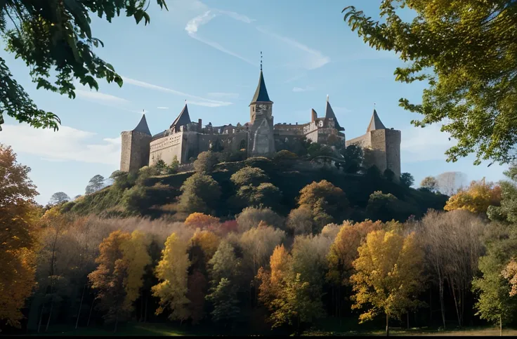 Low-angle view of a castle with three large round towers arranged in a triangle covered with greenery and vines., envahi par la nature., paysage automnal., automne., AUTOMNE., froid., Low-angle view., sombre., Forest around the castle., accurate, bloom, bl...