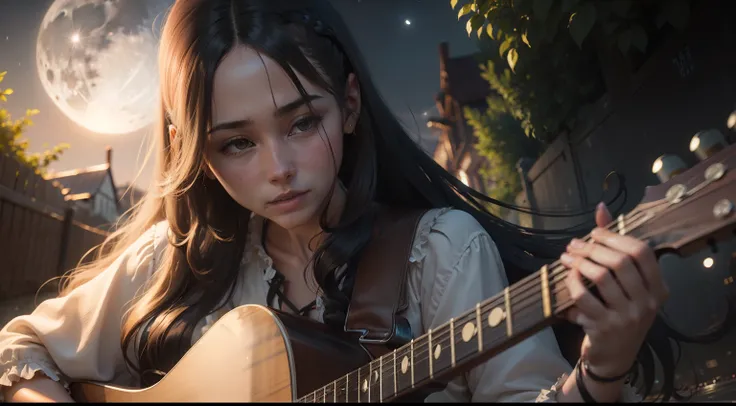 A woman with longhair,  playing acoustic guitar outdoor in full moon night ultra realistic 8k