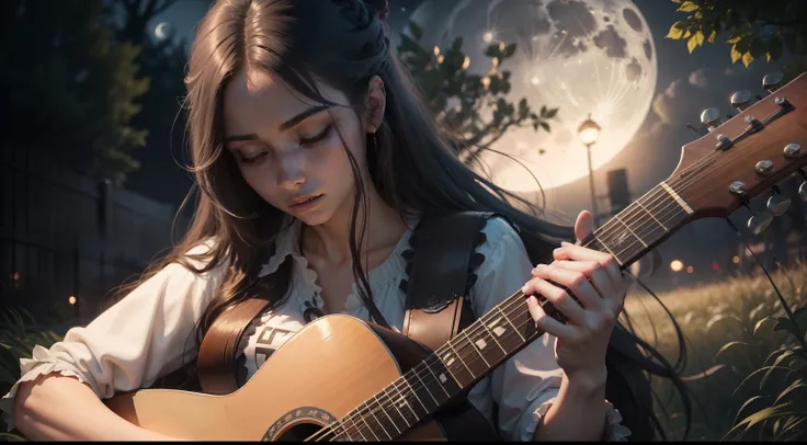 A woman with longhair,  playing acoustic guitar outdoor in full moon night ultra realistic 8k