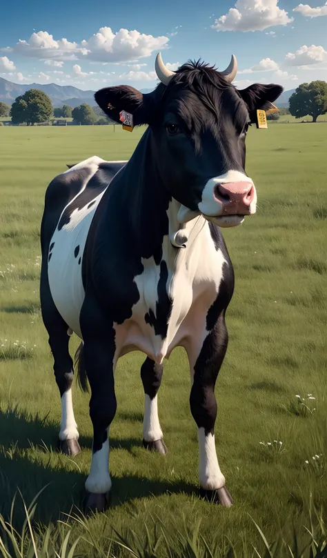 a cow, black with white spots, realistic, 8k, detailed, a realistic representation of a black cow with white spots standing on a grassy field. The cow is portrayed with intricate details, such as the texture of its fur, the shine of its eyes and the wrinkl...