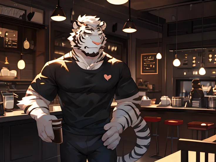 anthropomorphic white tiger, body fit, black strips, short hair, white eyes, black shirt, short pants, smiling, heart warming, c...