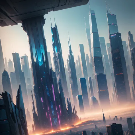 (Best Quality, 8K, Ultra-detailed:1.2), Futuristic cityscape of towering skyscrapers, Cyberpunk, Sci-Fi Art, Earth, A futuristic world, masutepiece, Glass skyscraper, Imaginative, Buildings 50 times taller, Vivid colors, Dramatic Lighting，kosmos，A world fa...