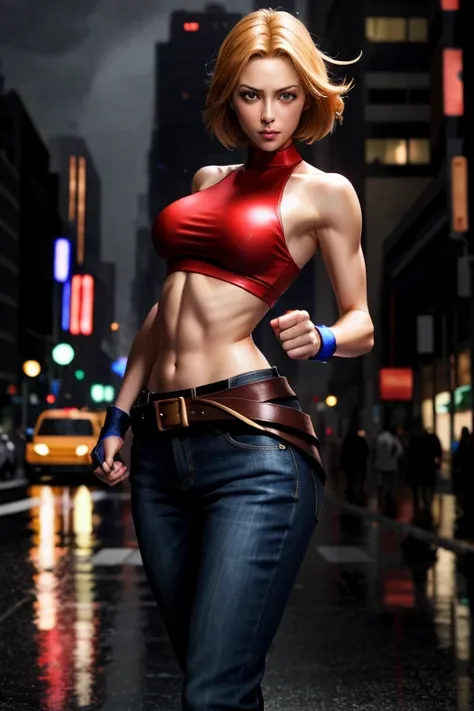 maryms, Best Quality, (beauty), masterpiece, 1 girl, physically based rendering, ultra high resolution, narrow waist, skinny, big eyes, long legs, (small breasts), puffy eyes, night, (rainy city) , shiny skin, facing viewer, fighting stance, (clench fist),...