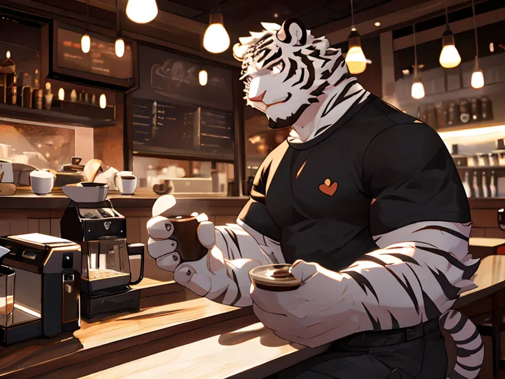 Anthropomorphic White Tiger, Body Fit, Black Strips, Short Hair, White Eyes, Black Shirt, Short Pants, Smiling, Heart Warming, Cool Pose, Handsome, Good looking, Looking to Front, Coffee, Cafe Background