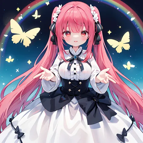 Background of the night wreath、（Fairy with large butterfly wings with rainbow pattern、faerie：1.5）、(top-quality、8K、32K、​masterpiece、nffsw:1.2)、((Photo of red-eyed woman with bright red hair with cute smile：1.3))、 
((Horizontal twin tails tied with a black r...