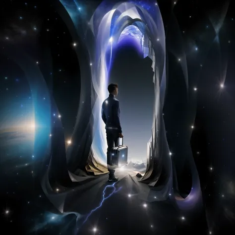 Theres a man walking through a galaxy with a suitcase, Viagem Astral, Entering a Quantum Wormhole, open portal to another dimension, no plano astral ) ) ), viajando para um buraco negro, viagem no tempo, liminal space in outer space!!!, Abrindo um portal b...